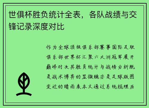 世俱杯胜负统计全表，各队战绩与交锋记录深度对比